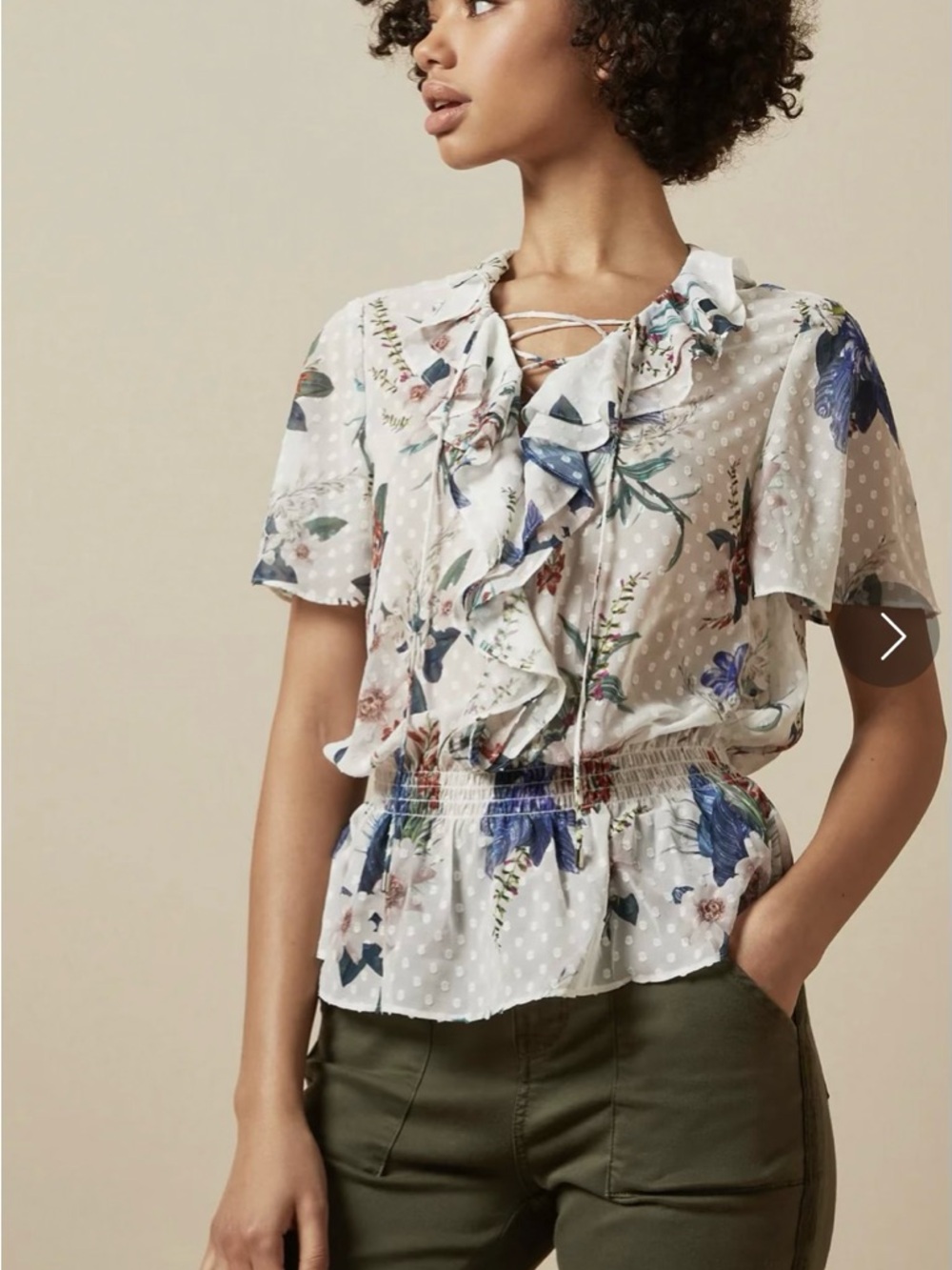 Ted Baker BYRANN White Floral Ruffle Tie-Neck Blouse